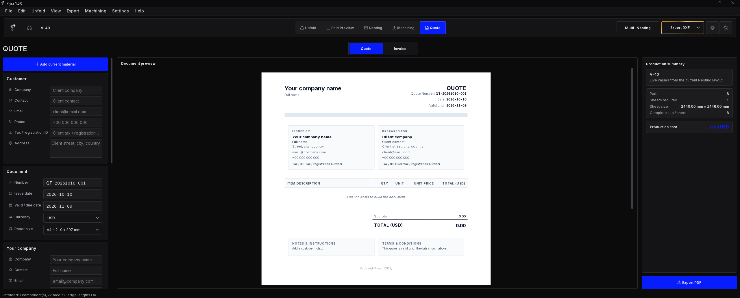 Plyra quote and invoice workspace