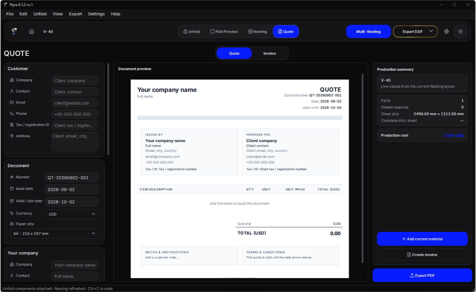 Plyra quote and invoice workspace